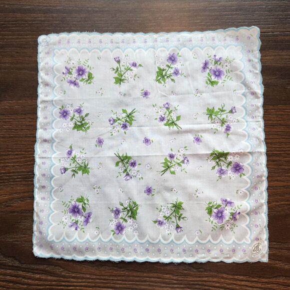 Hand Painted Handkerchief Violet Floral Square Hanky Purple VTG New Old Stock - Picture 1 of 9